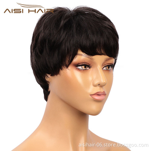 Aisi Hair Natural Looking Cheap Vendor Short Pixie Cut Regular Wave Black Brazilian Hair For Black Women Human Hair Wigs
